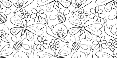 Siyah çizgili kelebeklerden, bal arılarından, salyangozlardan ve çiçeklerden oluşan kusursuz bir desen. Doodle tarzı. Çiçek çayırı. Doğa, bahar, yaz, çocuk baskısı temalı şirin bir doku.