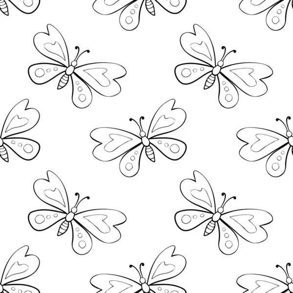 Vektornahtloses Muster Aus Schwarzen Umrissen Niedlicher Schmetterlinge Doodle Stil Nette — Stockvektor