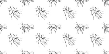 Siyah çizgili sivrisineklerin, güvelerin, karalama çizim tarzında sineklerin vektörsüz deseni. Böceklerle, kan emicilerle, böceklerle basit bir doku.