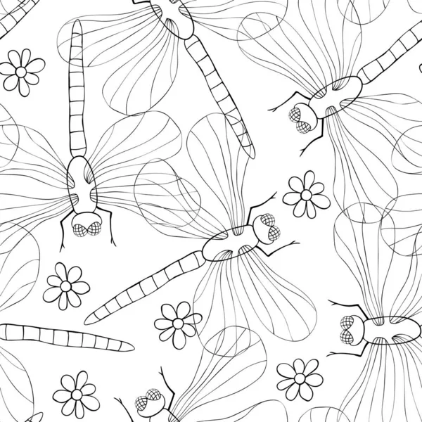 Векторный Бесшовный Рисунок Черных Контуров Милых Стрекоз Цветов Стиле Дудла — стоковый вектор