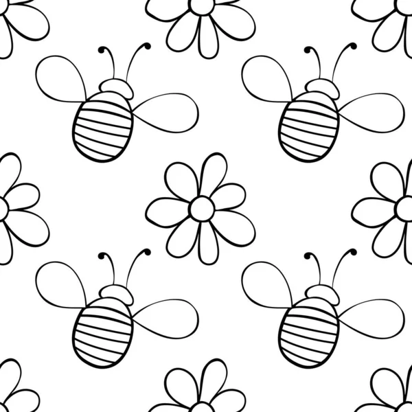 Vektornahtloses Muster Aus Konturierten Fetten Bienen Und Blumen Doodle Stil — Stockvektor