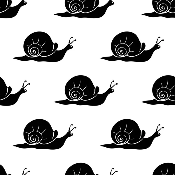 矢量无缝图案与黑色可爱蜗牛的扁平风格与螺旋壳 侧面视图 自然背景和质感 — 图库矢量图片