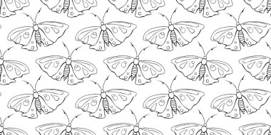 Siyah hatları olmayan vektör çizgili sevimli kelebekler Doodle tarzında. Sevimli çizgi film, güzel böcekler. Doğa, ilkbahar, yaz temalı arkaplan ve doku, çocuk baskısı, izole edilmiş