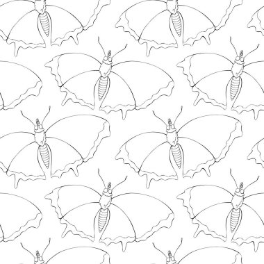 Siyah hatları olmayan vektör çizgili sevimli kelebekler Doodle tarzında. Sevimli çizgi film, güzel böcekler. Doğa, ilkbahar, yaz temalı arkaplan ve doku, çocuk baskısı, izole edilmiş