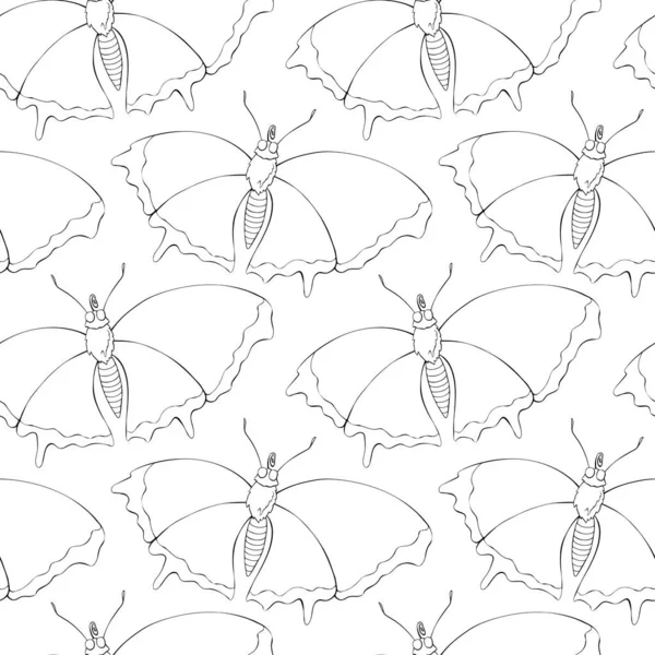 Modèle Sans Couture Vectoriel Papillons Mignons Contour Noir Dans Style — Image vectorielle