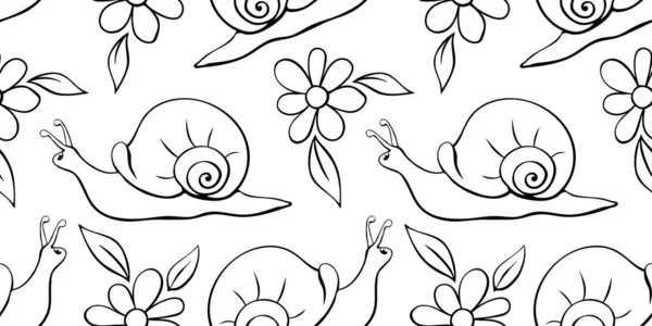 Vektornahtloses Muster Schwarzer Umlaufender Schnecken Und Blumen Doodle Stil Blumenwiese — Stockvektor