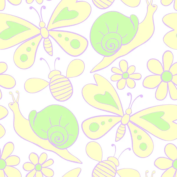 カラー蝶 ミツバチ カタツムリや花のベクトルシームレスパターン ダドルフラットスタイル 花の牧草地 子供のテーマに関するかわいいテクスチャ Print — ストックベクタ