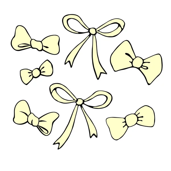 Σύνολο Από Διανυσματικά Κίτρινα Τόξα Κορδέλες Ντουντλς Ζωγραφισμένα Στο Χέρι — Διανυσματικό Αρχείο
