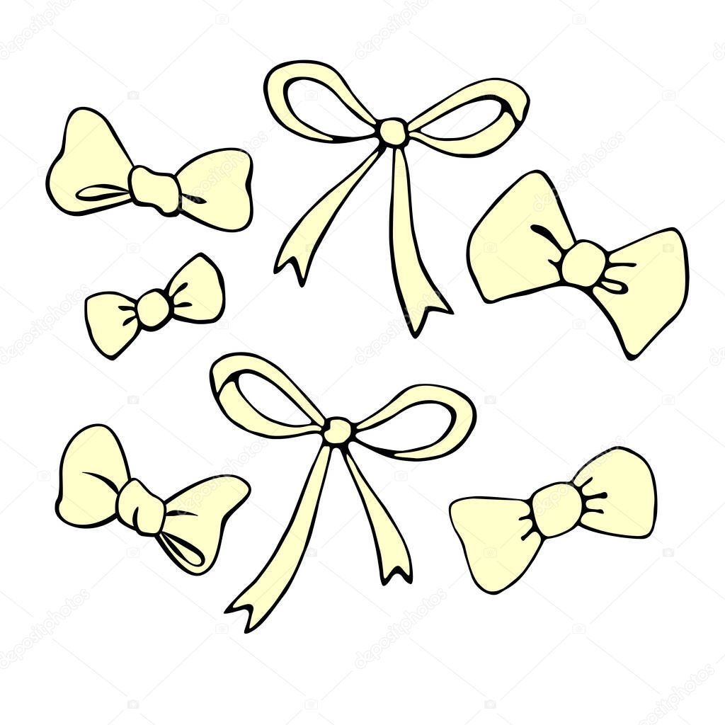 Set of vector yellow bows, ribbons. Doodles, hand drawn. Simple clip art for Easter xmas birthday Valentines Day, girls design