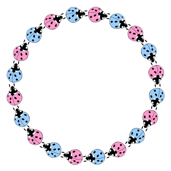 Yuvarlak bir çerçeve, düz çizgili şirin mavi uğur böceklerinin sınırı. Basit arka plan, bahar, yaz, doğal, çocuk tasarımı için dekorasyon