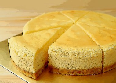 Pastanın tamamından kesilmiş bir dilim kremalı, fırınlanmış cheesecake.