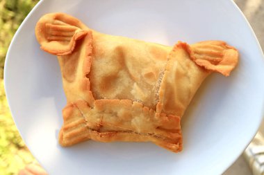 Lezzetli Et veya Deniz Ürünleri Doldurulmuş Şili Doldurulmuş Pastası veya Beyaz Tabağa Vurgu