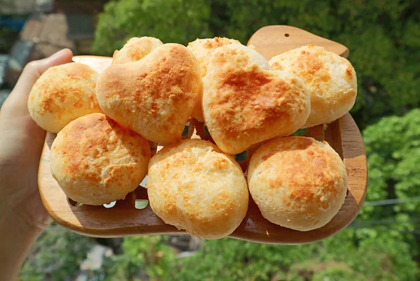 Pile Fresh Baked Homemade Pao Queijo Brazil Cheese Breads Pair — стокове фото