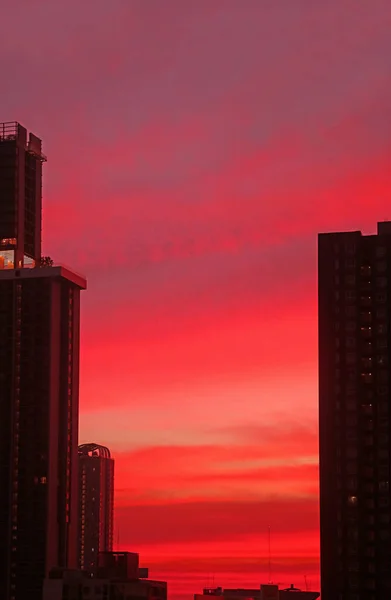 Incredible Vibrant Coral Red Sky Sunset Afterglow Silhouette Skyscrapers — Stock Photo, Image