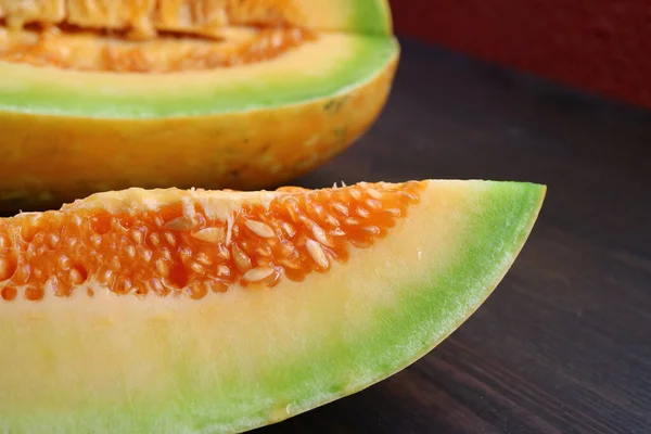 Closeup Slice Delectable Juicy Fresh Ripe Thai Melon Wooden Table — Photo