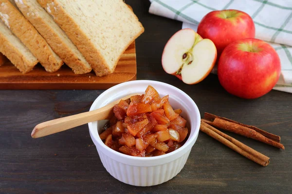 Bowl Homemade Apple Compote Wholemeal Bread Fresh Apples Backdrop — Photo