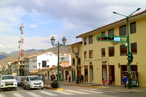 Avenida Sol Główna Ulica Cuzco City Unikalnym Światłem Drogowym Peru — Zdjęcie stockowe