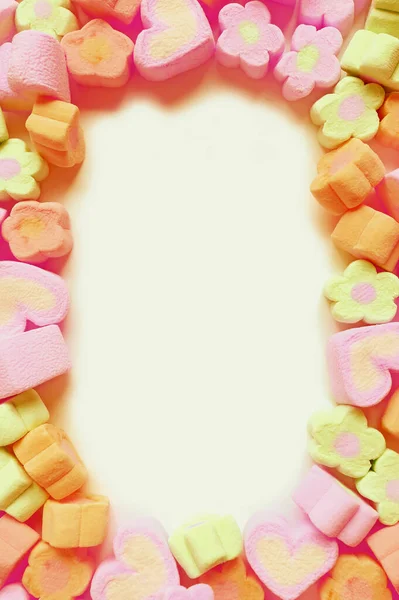 Ram Vackra Färger Blomma Och Hjärta Formad Marshmallow Godis Med — Stockfoto