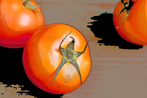 Illustration Von Leuchtend Orangeroten Tomaten Auf Holzrücken Verstreut — Stockfoto