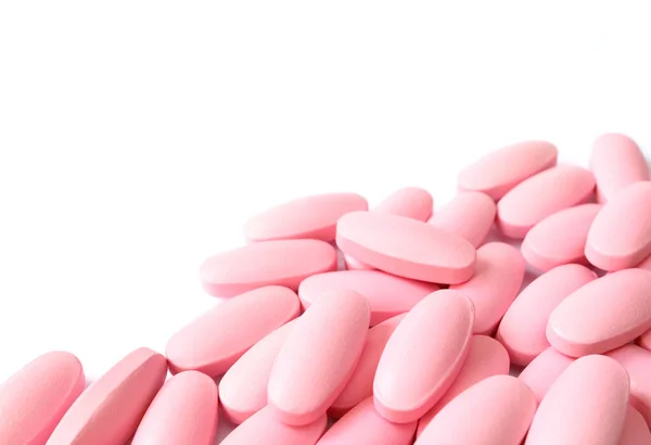Montón Comprimidos Color Rosa Sobre Fondo Blanco Con Espacio Para — Foto de Stock