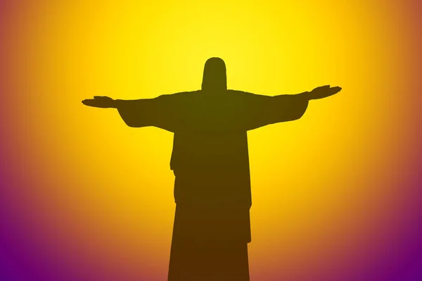 Silueta Sochy Krista Vykupitele Brazilském Městě Rio Janeiro Abstraktním Zlatém — Stock fotografie