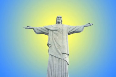 Brezilya 'nın Rio de Janeiro şehrindeki Kurtarıcı İsa Heykeli Mavi ve Sarı Radyal Işının Soyut Arkaplanı
