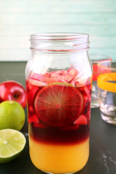 Vibrant Colors Homemade Red Wine Sangria Grass Bottle Mixing — Zdjęcie stockowe