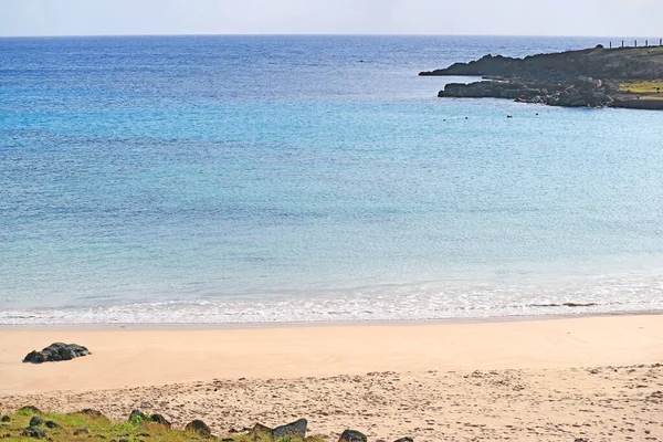 Vista Panorâmica Praia Anakena Com Areia Coral Branco Oceano Pacífico — Fotografia de Stock