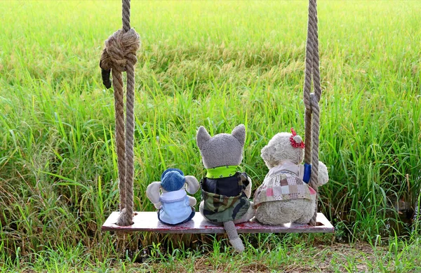 Group of adorable baby animal soft toys sitting on wooden swing with paddy fields in the backdrop