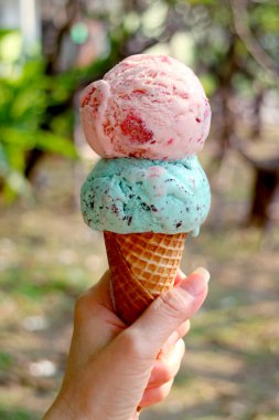 Hand holding a crispy cone with two scoops of ice cream against blurry summer garden