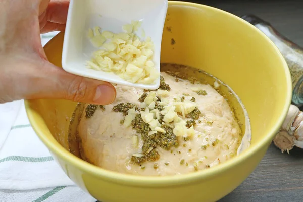 Adding Chopped Fresh Garlic Kneaded Dough Baking Italian Focaccia Bread — Fotografia de Stock