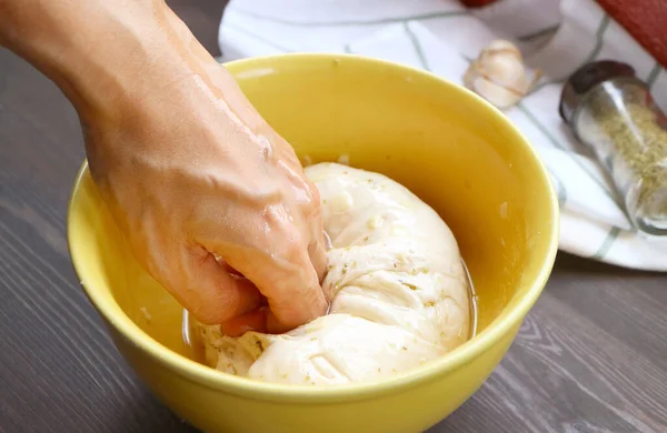 Man Hand Kneading Italian Bread Dough Mixed Garlic Herb Mixing — Foto de Stock
