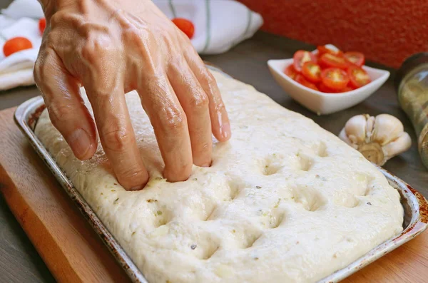 Using Fingertips Create Dimples Dough Baking Italian Focaccia Genovese Bread — ストック写真