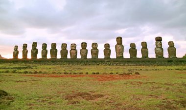 Amazing Gigantic 15 Moai statues of Ahu Tongariki ceremonial platform at sunrise, Easter Island, Chile, South America