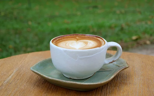 Cup Cappuccino Coffee Heart Shaped Latte Art Isolated Wooden Table —  Fotos de Stock