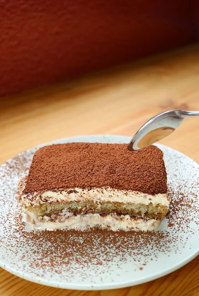 Plate Delectable Tiramisu Wooden Table — Foto Stock