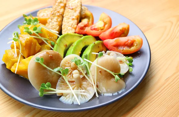 Plate Grilled Oyster Mushrooms Colorful Vegetables Salad Garnished Daikon Microgreens — Φωτογραφία Αρχείου