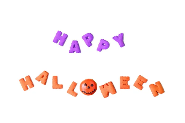 Texto Happy Halloween Spelled Com Biscoitos Alfabeto Jack Lantern Donghnut — Fotografia de Stock