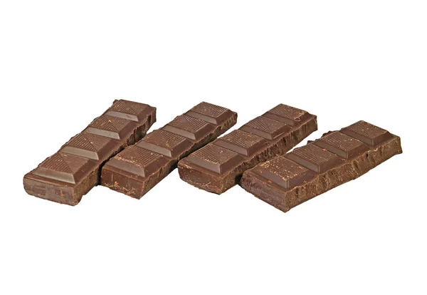 Cuatro Deliciosas Piezas Chocolate Aisladas Sobre Fondo Blanco — Foto de Stock