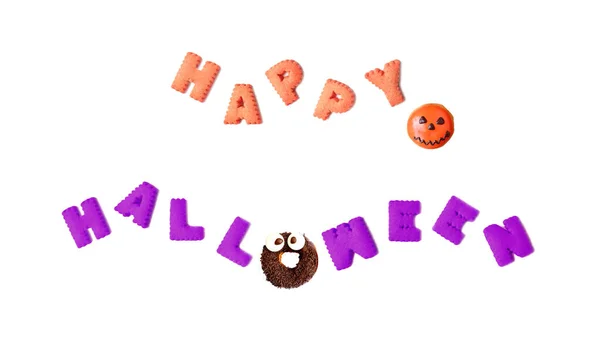 Happy Halloween Typografie Gemaakt Met Alfabet Koekjes Chocolade Monster Donut — Stockfoto