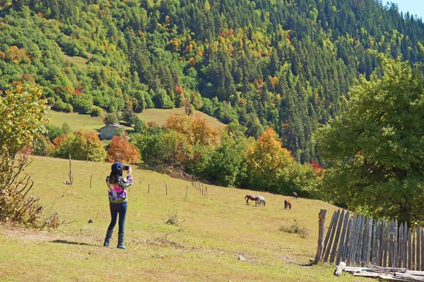 Женщина Туристка Фотографирует Стадо Лошадей Пасущихся Горной Ферме Город Местия — стоковое фото