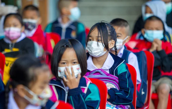 CHIANG MAI, THAILAND - 7 Şubat 2022: Yüz maskesi takan öğrenciler, Ban Pamuad Okulu 'ndaki hızlı bir antijen testi için geniz örneği almayı bekliyor. Tayland 5-11 yaşlarındaki çocukları aşılamaya başladı..