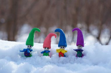 Kış ormanlarında hediyeli plastik cüce heykelcikleri..