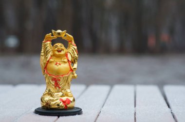 Buzla kaplı bir bankta Buda figürü.