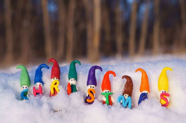 Figures Fairy Gnomes Inscription Christmas Characters Winter Forest — Stock Photo, Image