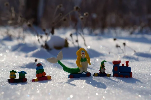 Toy Train Fairy Tale Characters Winter Forest — Stock Photo, Image