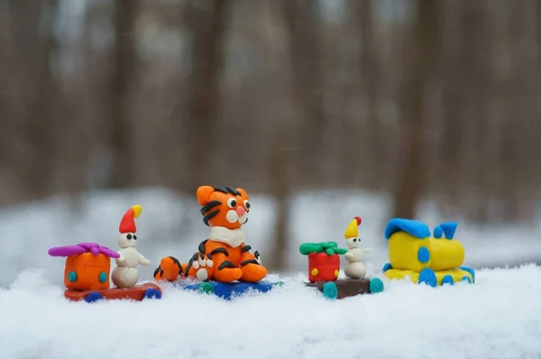 Toy Train Fabulous Toys Tiger Cub Snowman Christmas Gifts — Stock Photo, Image