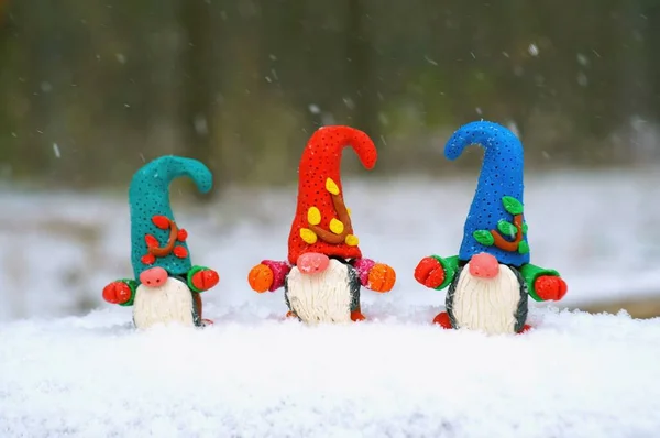 Figures Multi Colored Gnomes Snowy Forest Fairy Tale Characters — Stock Photo, Image