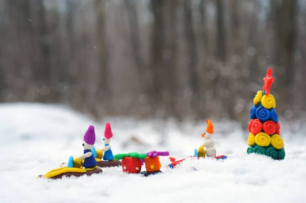 Christmas Figures Snowmobile Made Plasticine Carry Christmas Tree Gifts Action — Stock Photo, Image