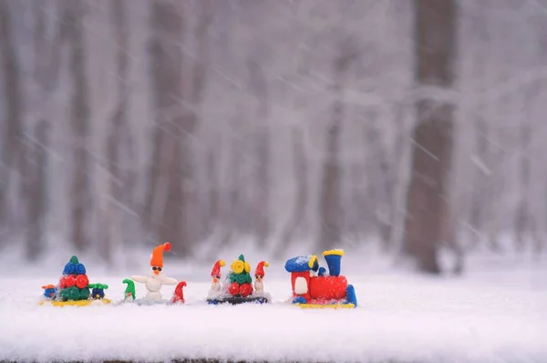 Toy Train Christmas Figures Background Snow — Stock Photo, Image